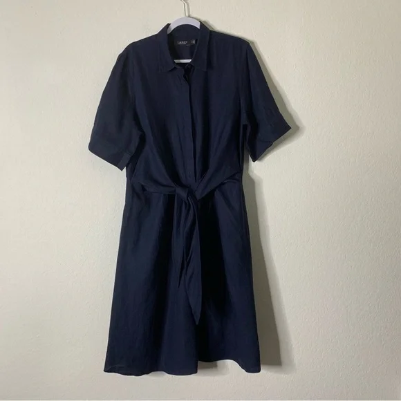 Lauren Ralph Lauren Womens tie front navy 100% linen shirt dress 18 - Picture 2 of 10